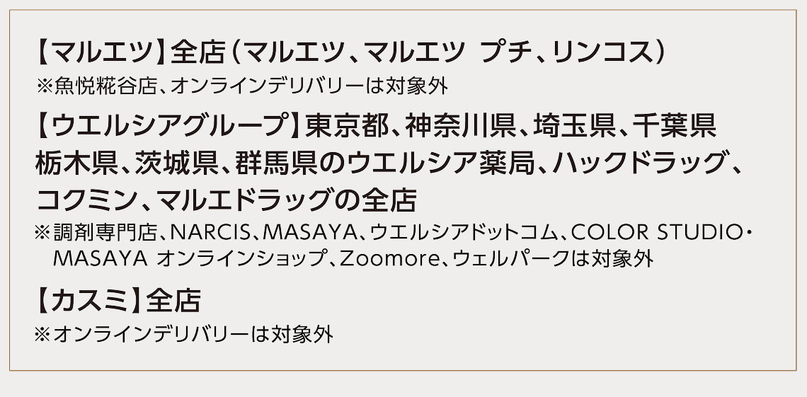 【マルエツ】全店（マルエツ、マルエツ プチ、リンコス）、【ウエルシアグループ】東京都、神奈川県、埼玉県、千葉県、栃木県、茨城県、群馬県のウエルシア薬局、ハックドラッグ、コクミン、マルエドラッグの全店、【カスミ】全店